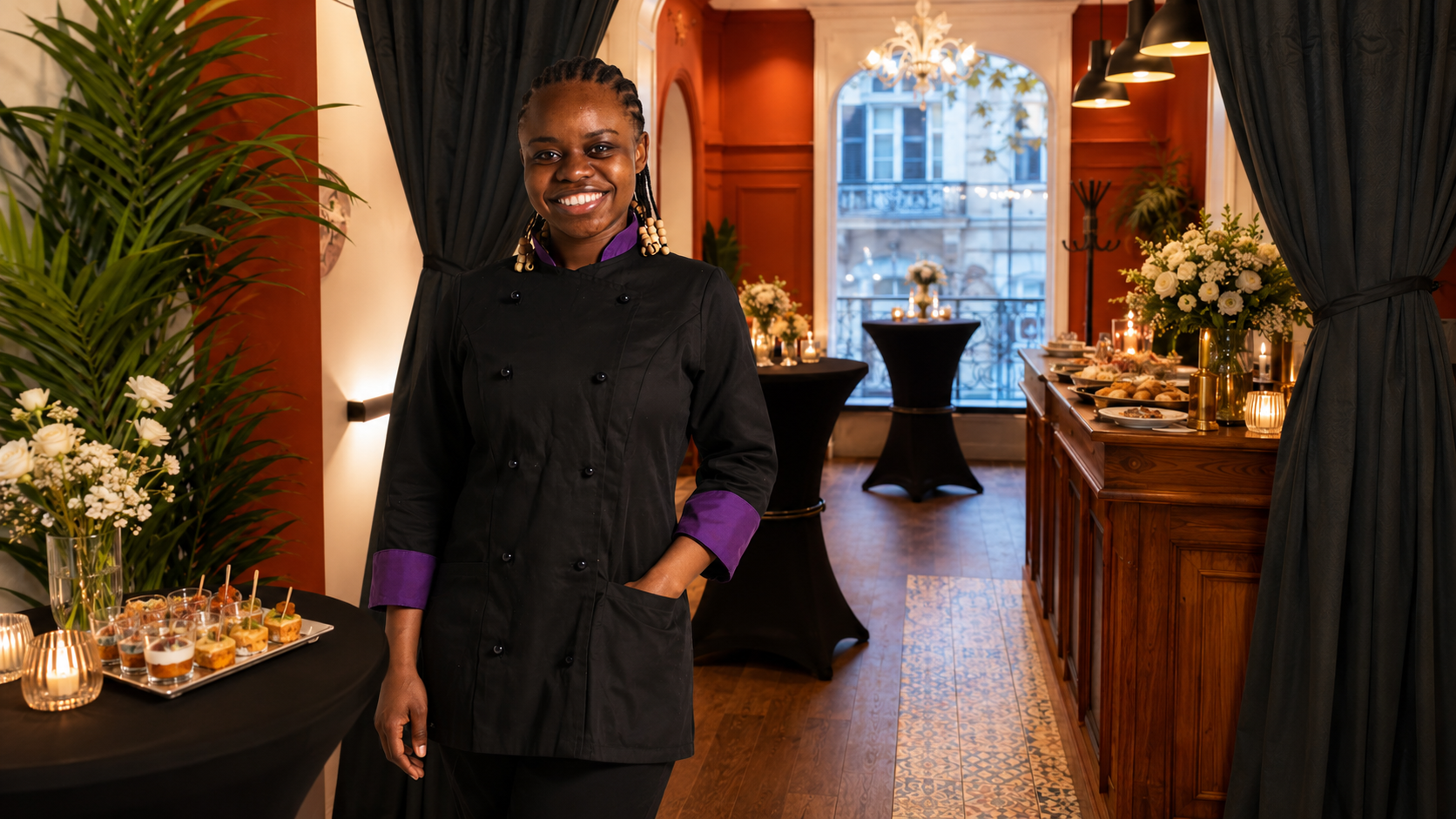 Deborah Libande Dole, fondatrice et chef de Deby's Delice, en tenue professionnelle dans une salle d'événement décorée avec un buffet gourmand en arrière-plan